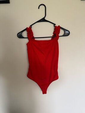 Pitaya Red Ruffle Strap Ribbed Bodysuit